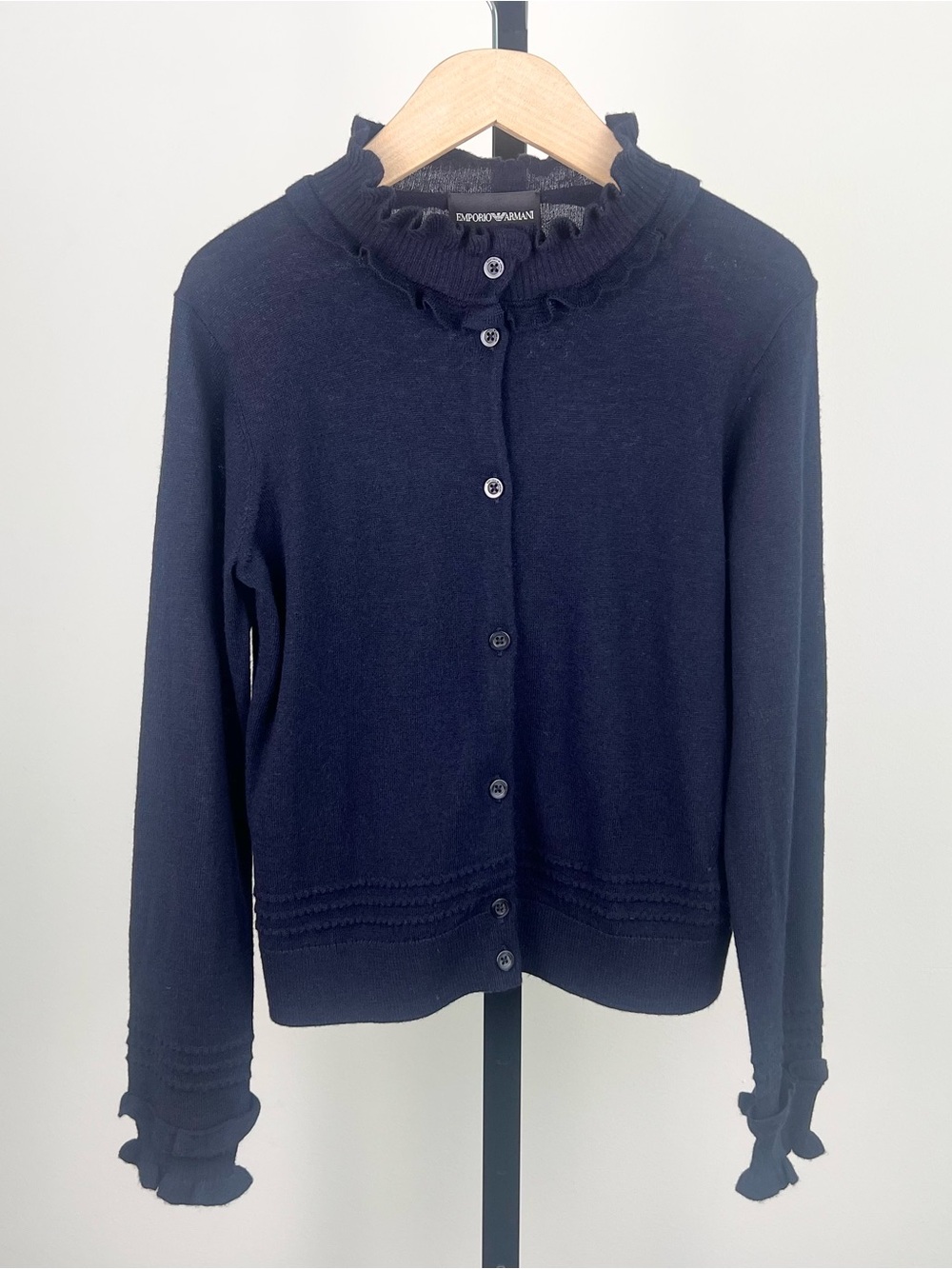 Emporio Armani Junior Girls Ruffle Wool Cardigan, Navy, Size 10